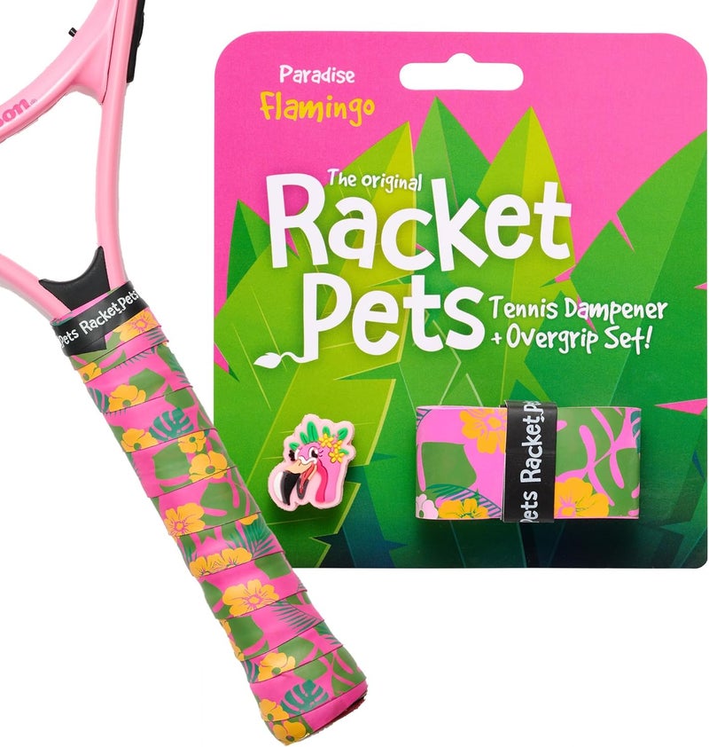 Racket Pets Kids Tennis Racket Dampener & Matching Overgrip Tape, Performance Shock Absorbing Dampener for Tennis Racket & Fun Animal Print Tennis Wrap Grip Tape (Flamingo) - Image 1
